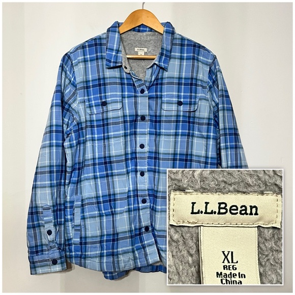 L.L. Bean Jackets & Blazers - L.L. Bean Shirt Jacket Fleece‎ Lined Women's Snap Front Plaid Cotton Shacket XL